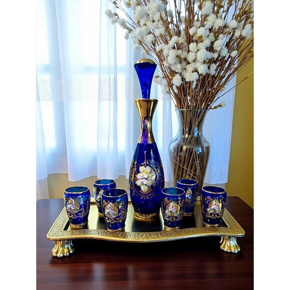 Czech Bohemian Cobalt Gilt Enameled Decanter-6 Cordials-Vintage-Barware-Liqueur - Picture 1 of 9